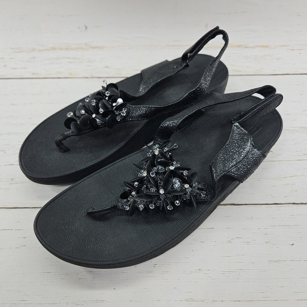 Fitflop Boogaloo Women Size 8.5 Black Glitter Beaded Metallic Strap Thong Sandal